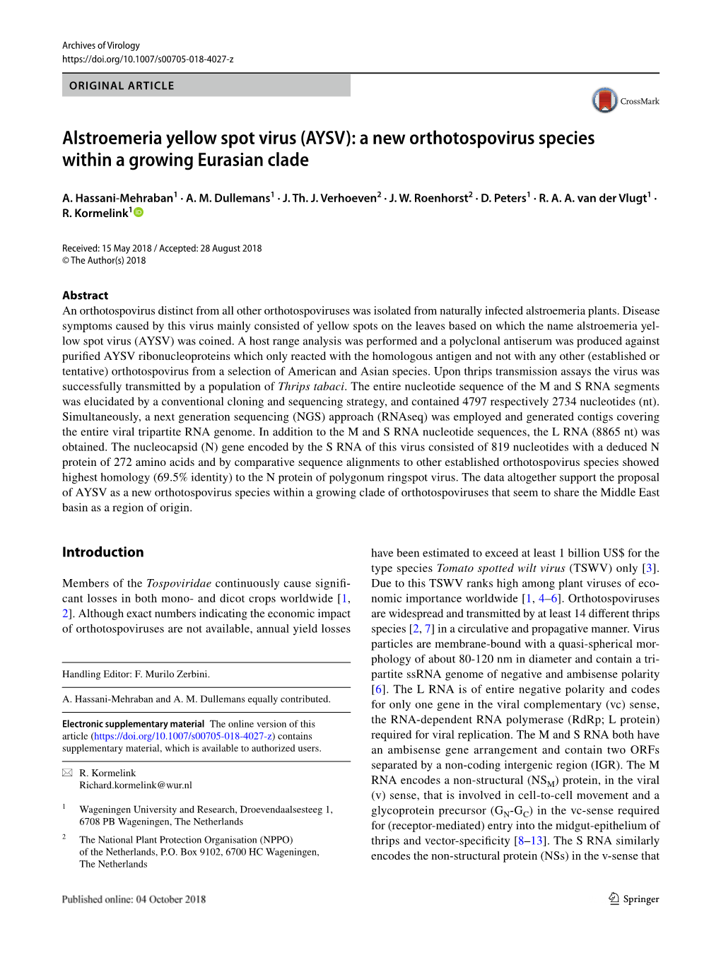 Alstroemeria Yellow Spot Virus (AYSV): a New Orthotospovirus Species Within a Growing Eurasian Clade