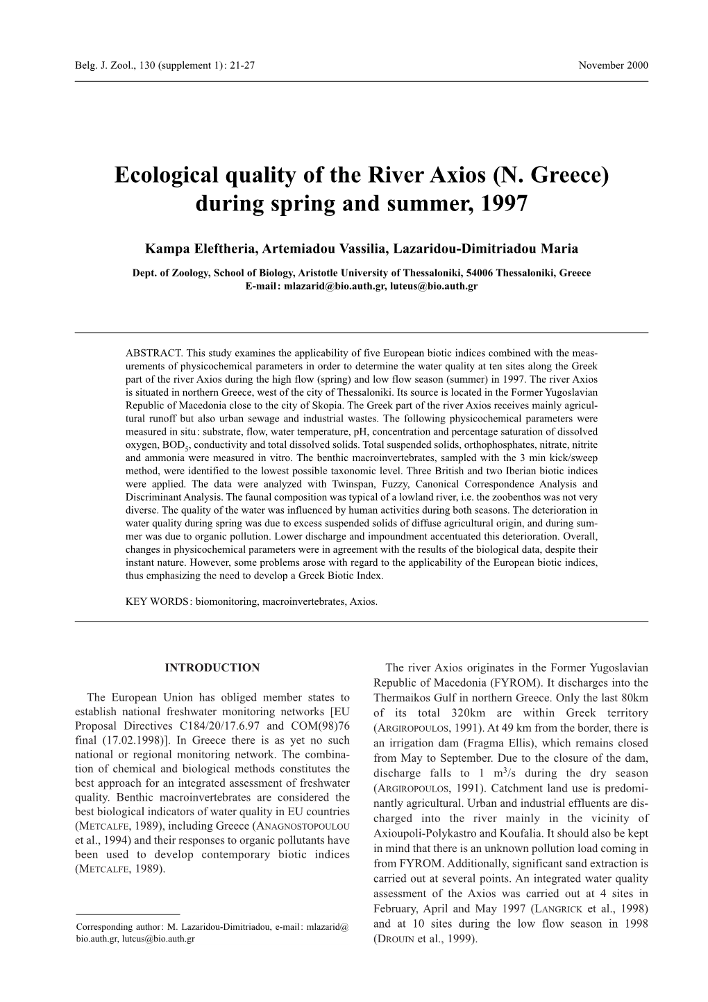 Ecological Quality of the River Axios (N. Greece) During Spring and Summer, 1997