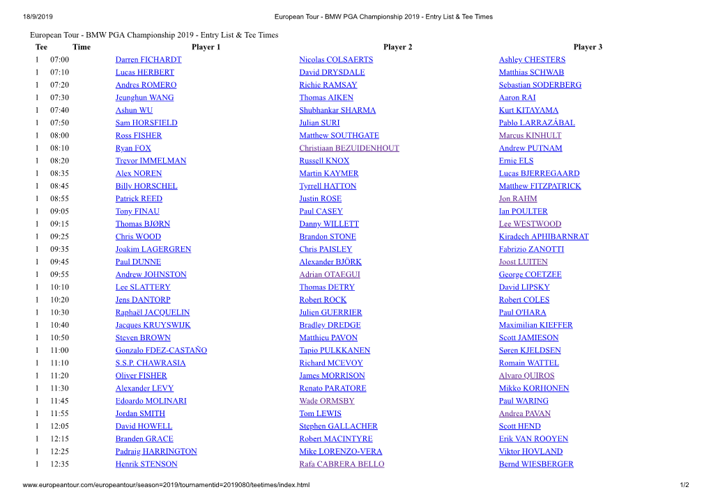 European Tour - BMW PGA Championship 2019 - Entry List & Tee Times