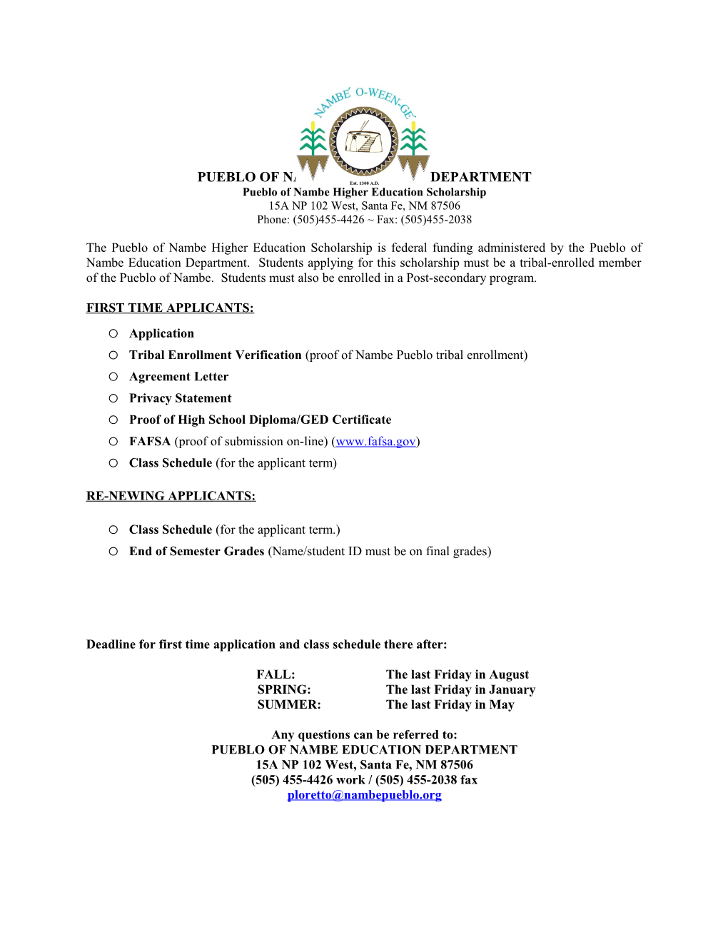 Pueblo of Nambe Higher Education Scholarship