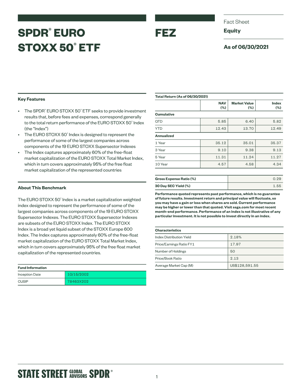 Fact Sheet:SPDR® EURO STOXX 50® ETF, Jun2021