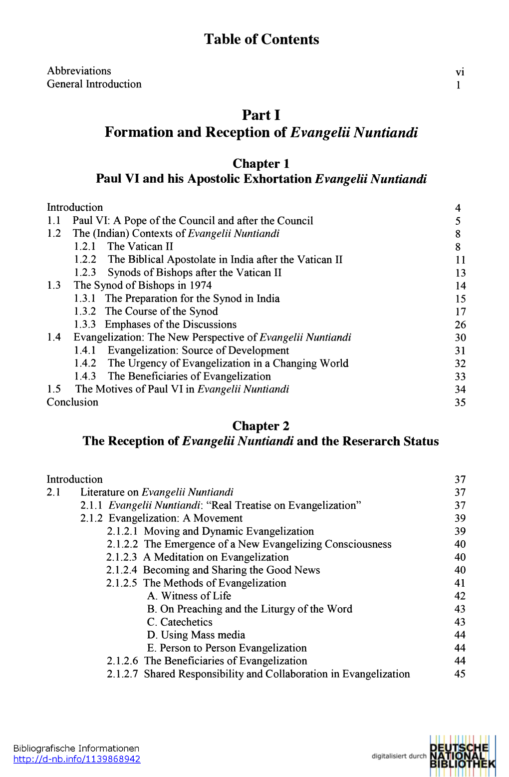 Table of Contents Part I Formation and Reception of Evangelii Nuntiandi