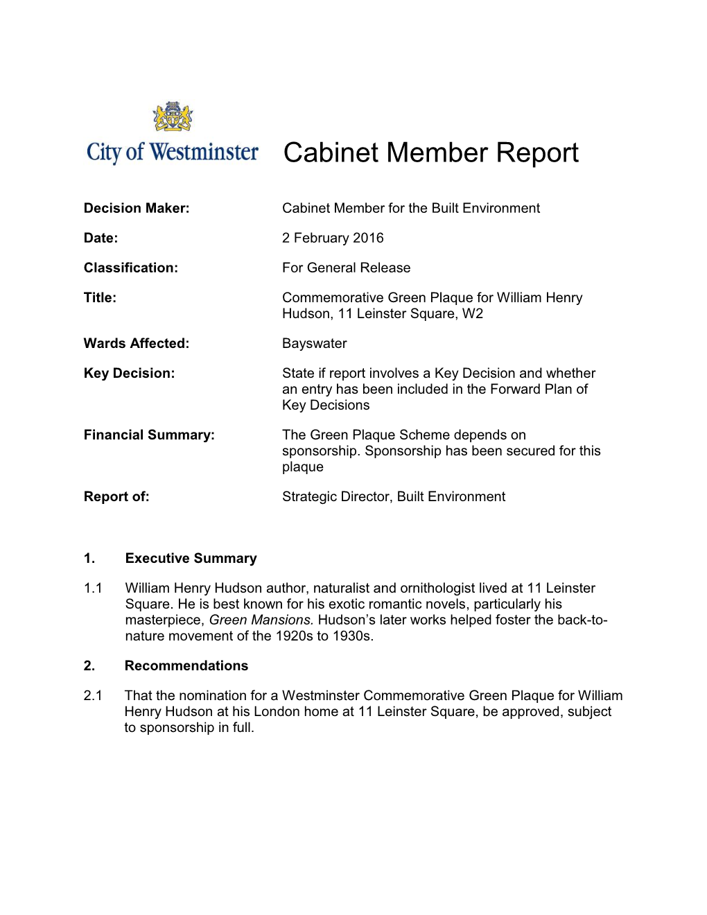 Cabinet Member Report