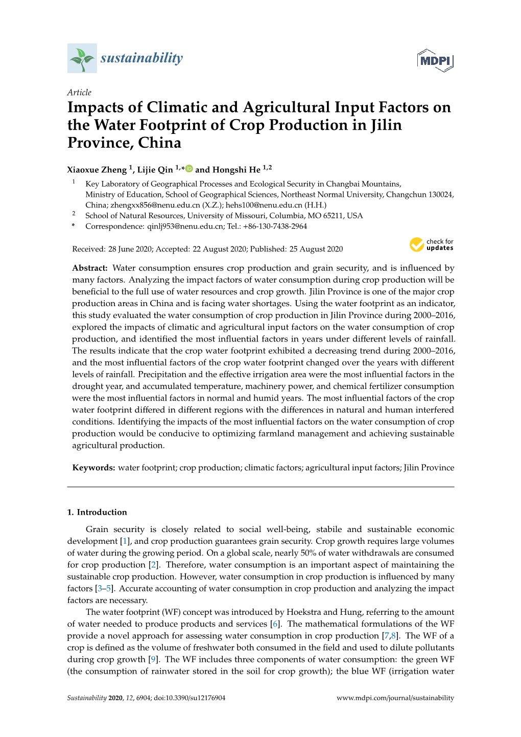 Impacts of Climatic and Agricultural Input Factors on the Water Footprint of Crop Production in Jilin Province, China