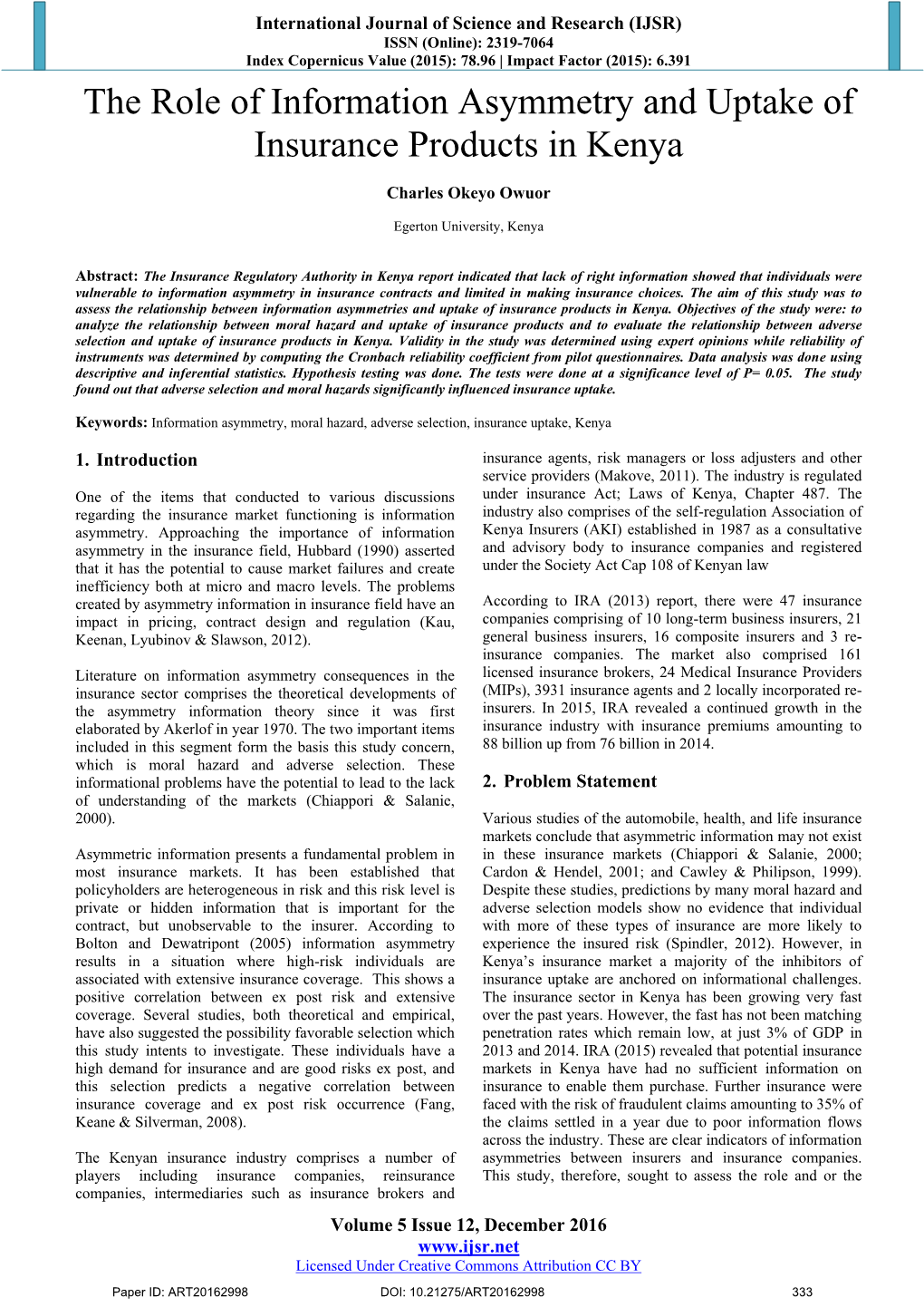 The Role of Information Asymmetry and Uptake of Insurance Products in Kenya