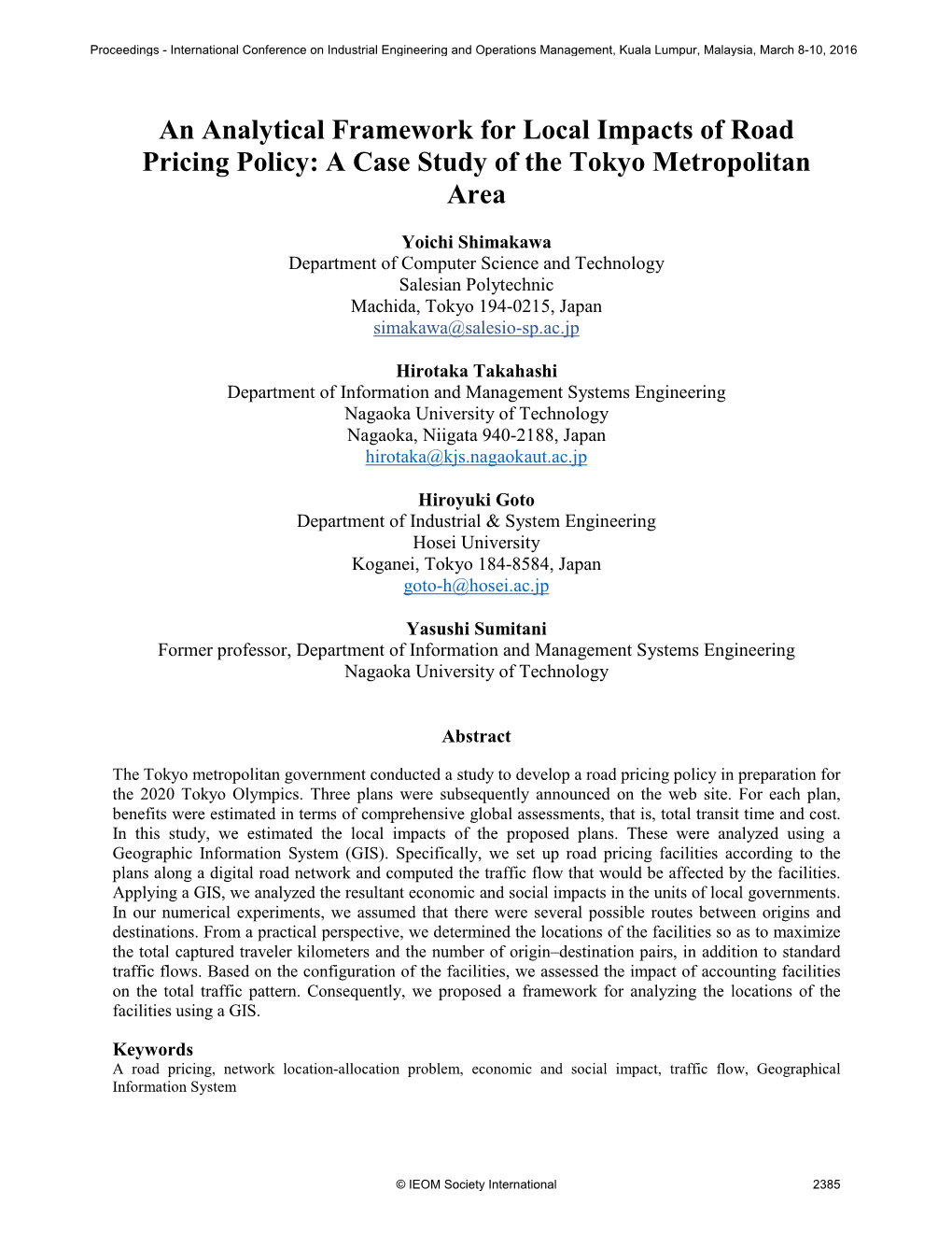 An Analytical Framework for Local Impacts of Road Pricing Policy: a Case Study of the Tokyo Metropolitan Area