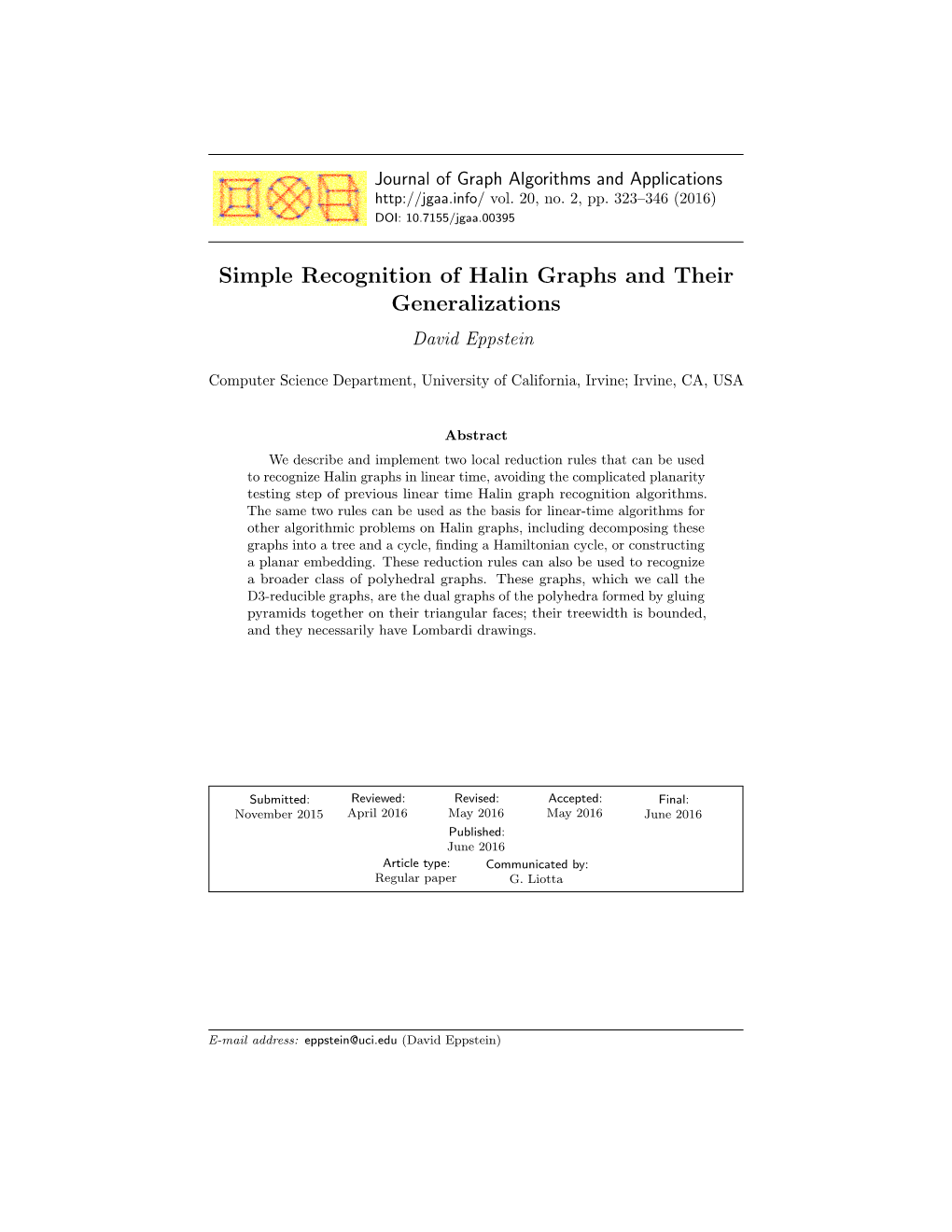 Simple Recognition of Halin Graphs and Their Generalizations David Eppstein