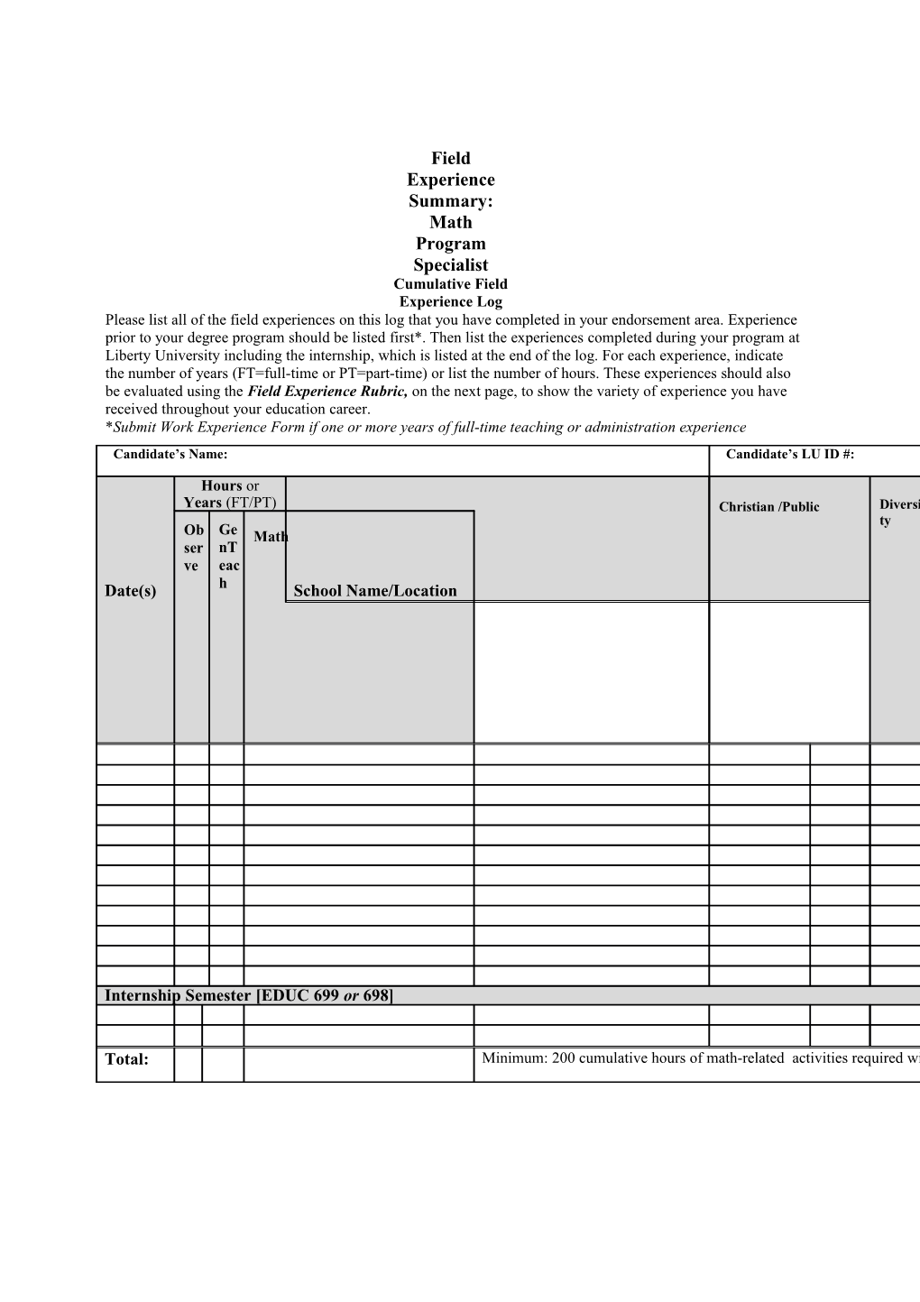 Field Experience Matrix