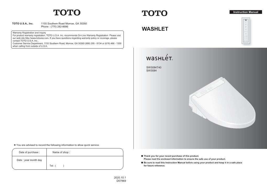 WASHLET Warranty Registration and Inquiry for Product Warranty Registration, TOTO U.S.A