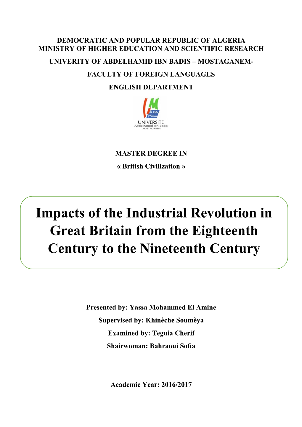 Impacts of the Industrial Revolution in Great Britain from the Eighteenth