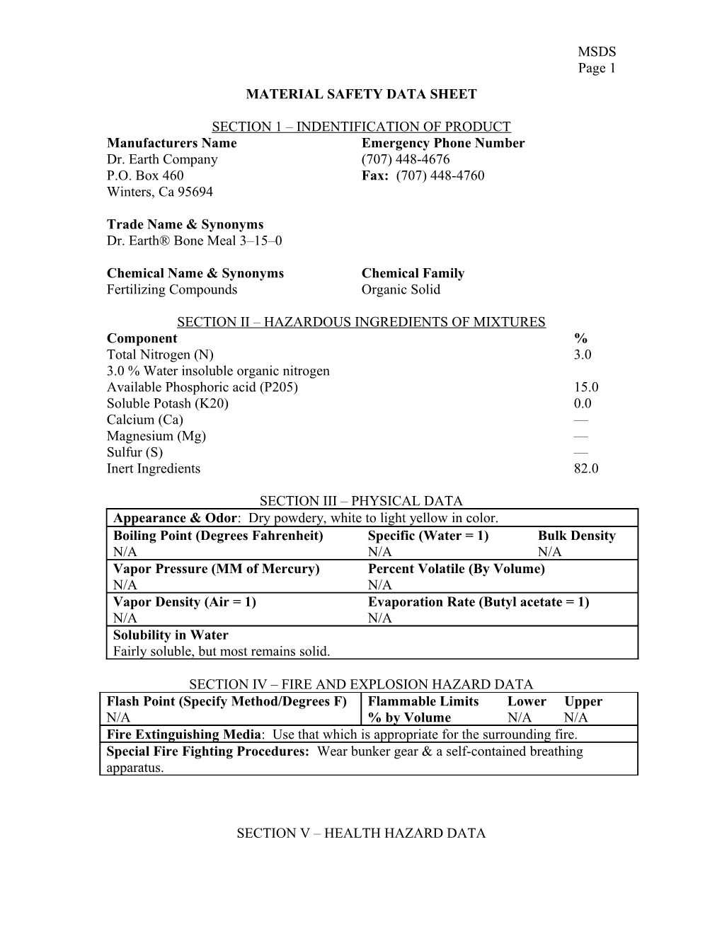 Bone Meal MSDS Info-Sheet