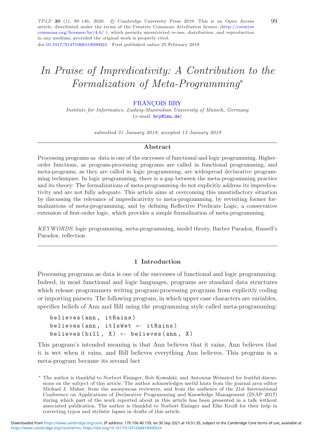 A Contribution to the Formalization of Meta-Programming∗