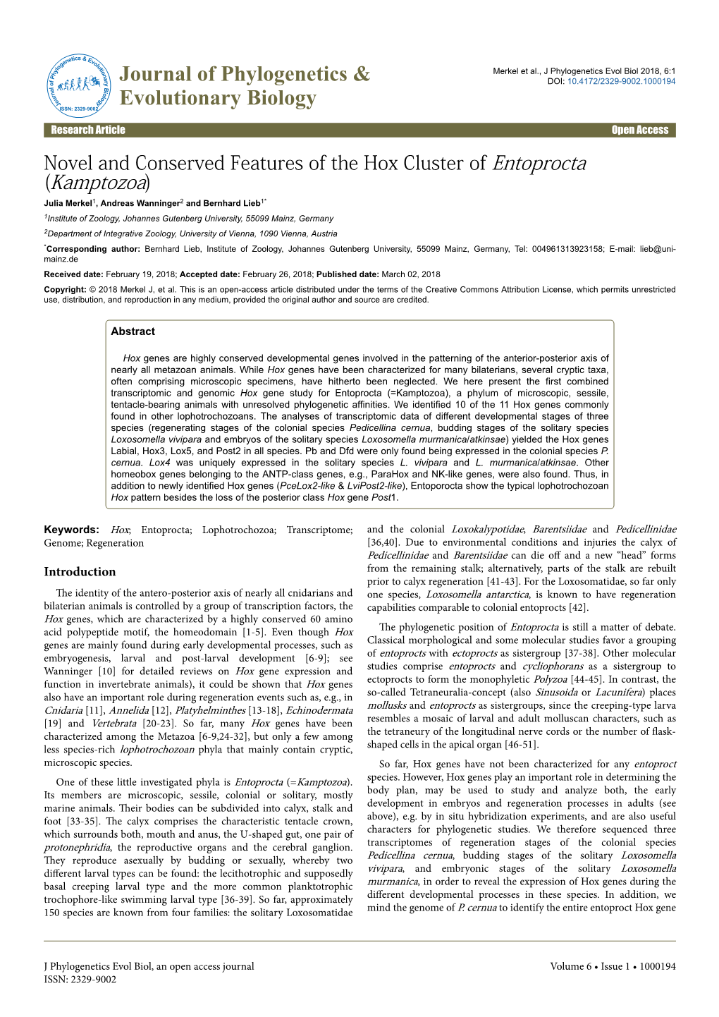 Novel and Conserved Features of the Hox Cluster of Entoprocta