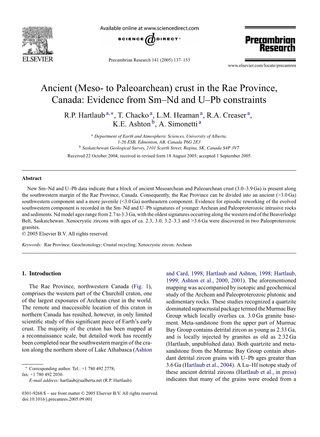 Ancient (Meso- to Paleoarchean) Crust in the Rae Province, Canada: Evidence from Sm–Nd and U–Pb Constraints R.P