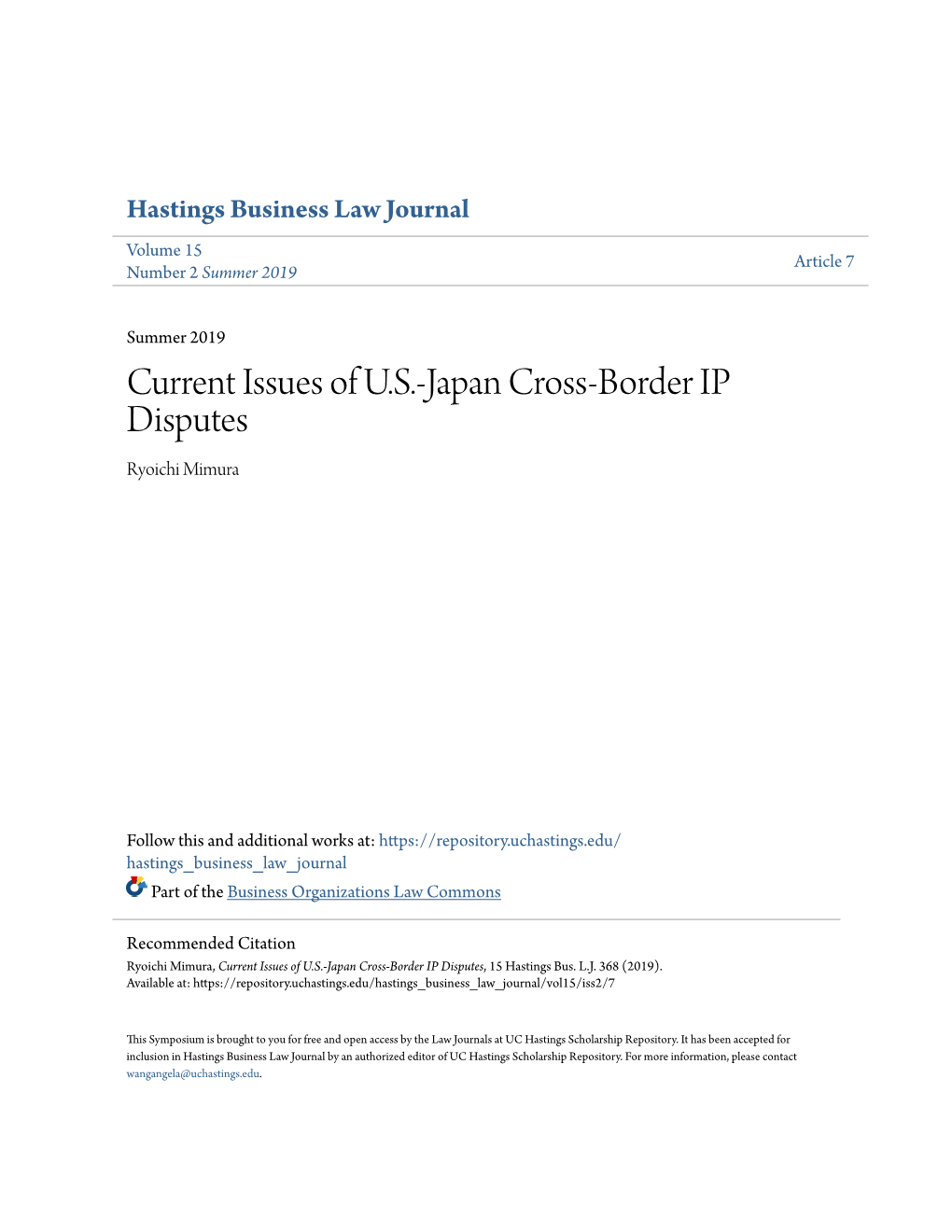 Current Issues of U.S.-Japan Cross-Border IP Disputes Ryoichi Mimura