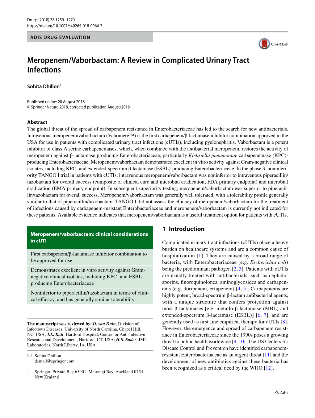 Meropenem/Vaborbactam: a Review in Complicated Urinary Tract Infections