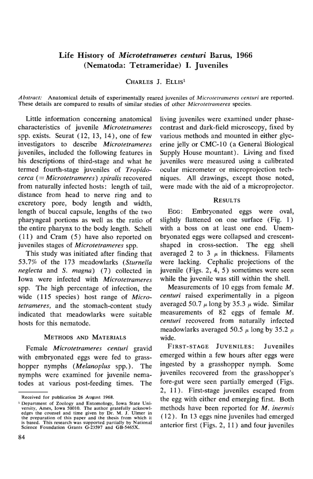 Life History of Microtetrameres Centuri Barus, 1966 (Nematoda: Tetrameridae) I