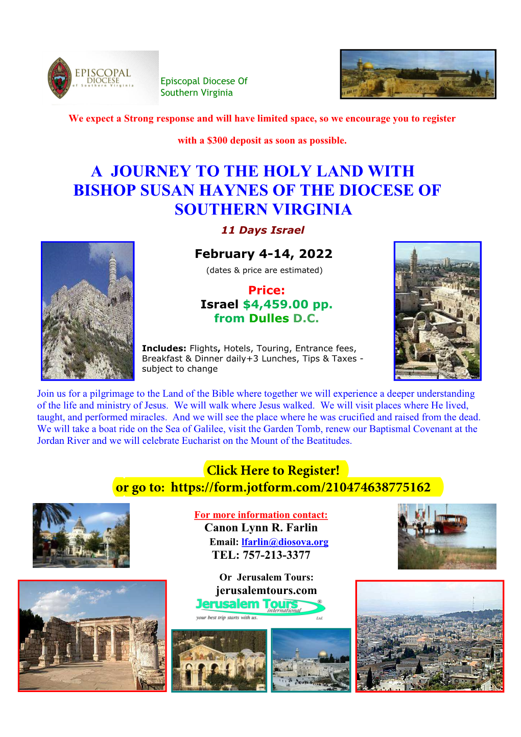 A JOURNEY to the HOLY LAND with BISHOP SUSAN HAYNES of the DIOCESE of SOUTHERN VIRGINIA 11 Days Israel