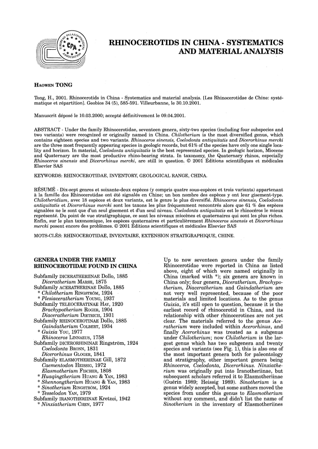 Rhinocerotids in China- Systematics and Materi.Ai, An/H,Ysis