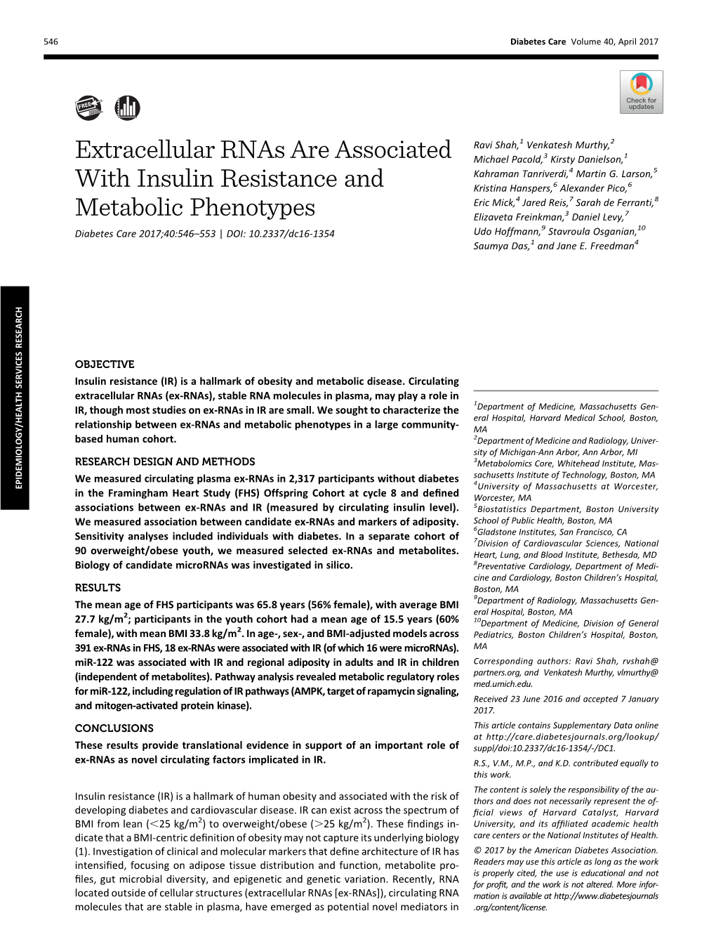 Extracellular Rnas Are Associated with Insulin Resistance And