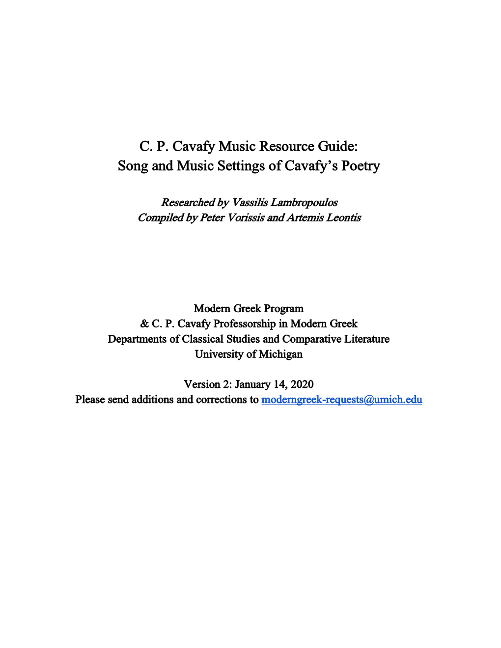 CP Cavafy Music Resource Guide