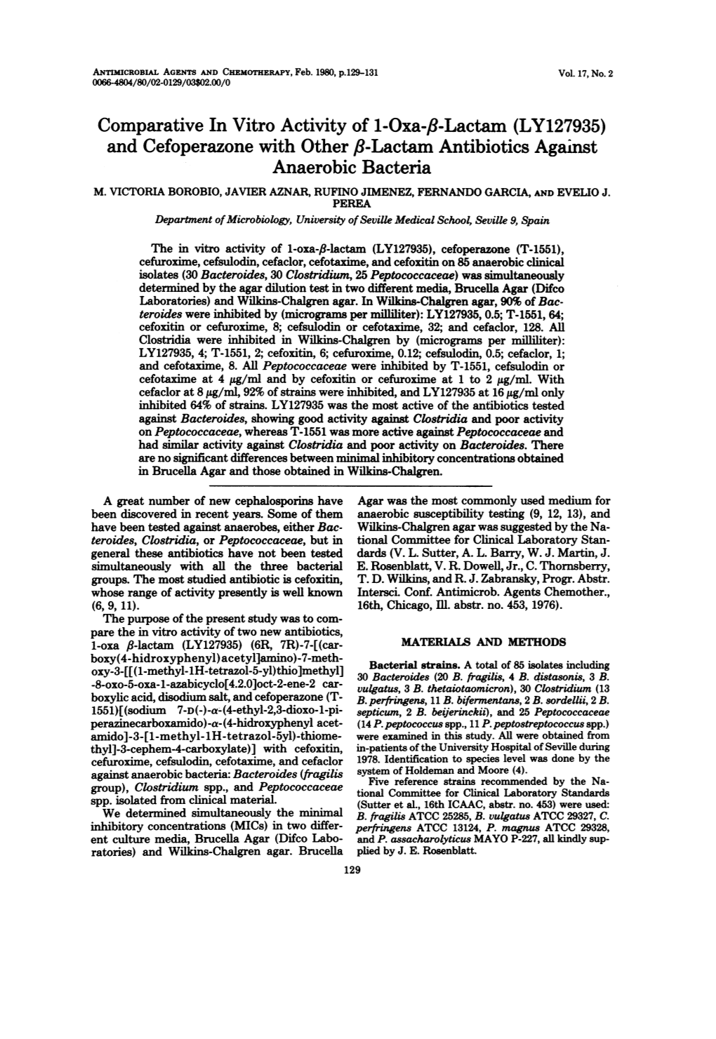 Comparative in Vitro Activity of 1-Oxa-Beta-Lactam (LY127935) And