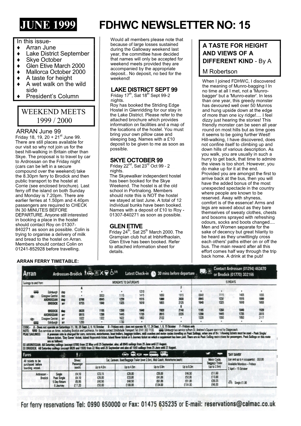 June 1999 Fdhwc Newsletter No: 15