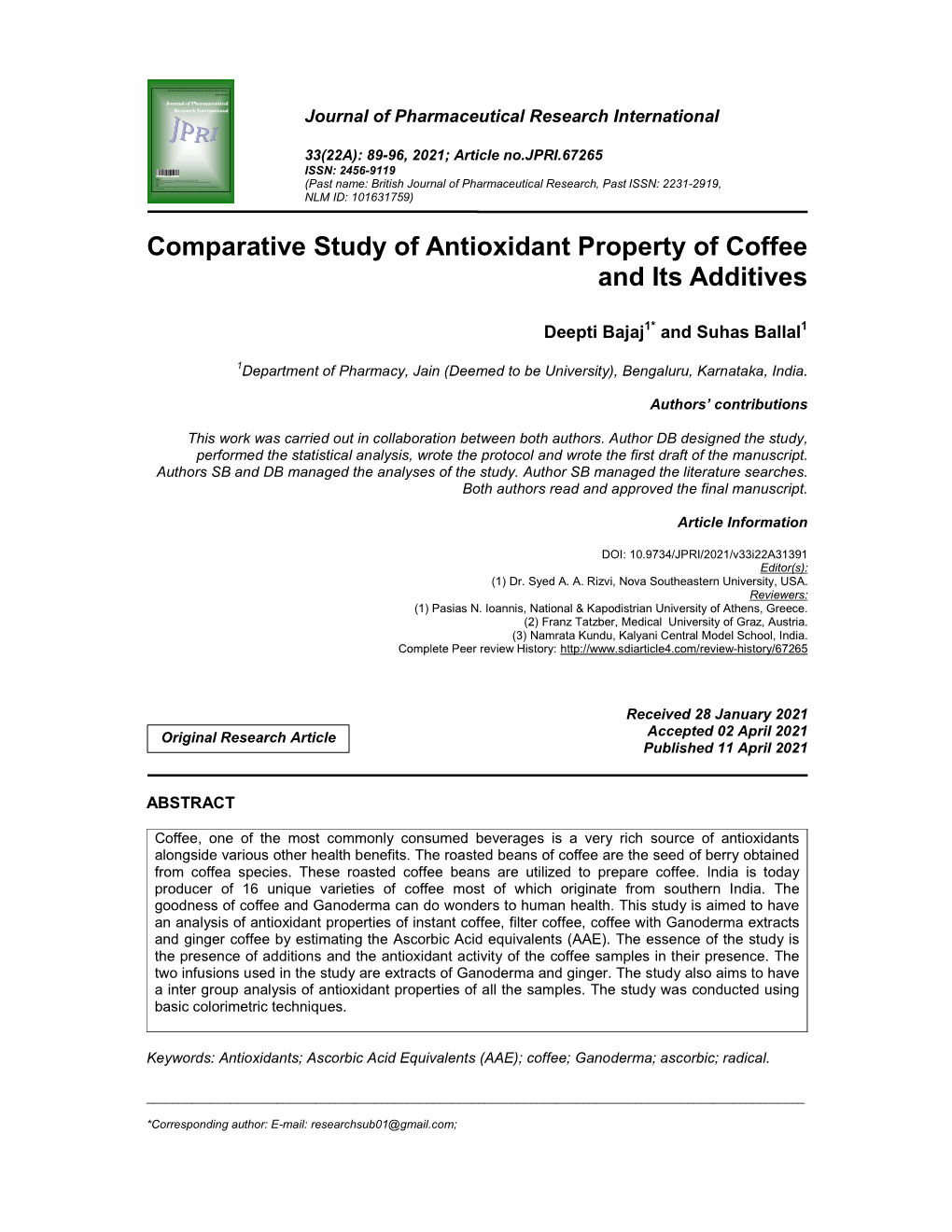 Comparative Study of Antioxidant Property of Coffee and Its Additives