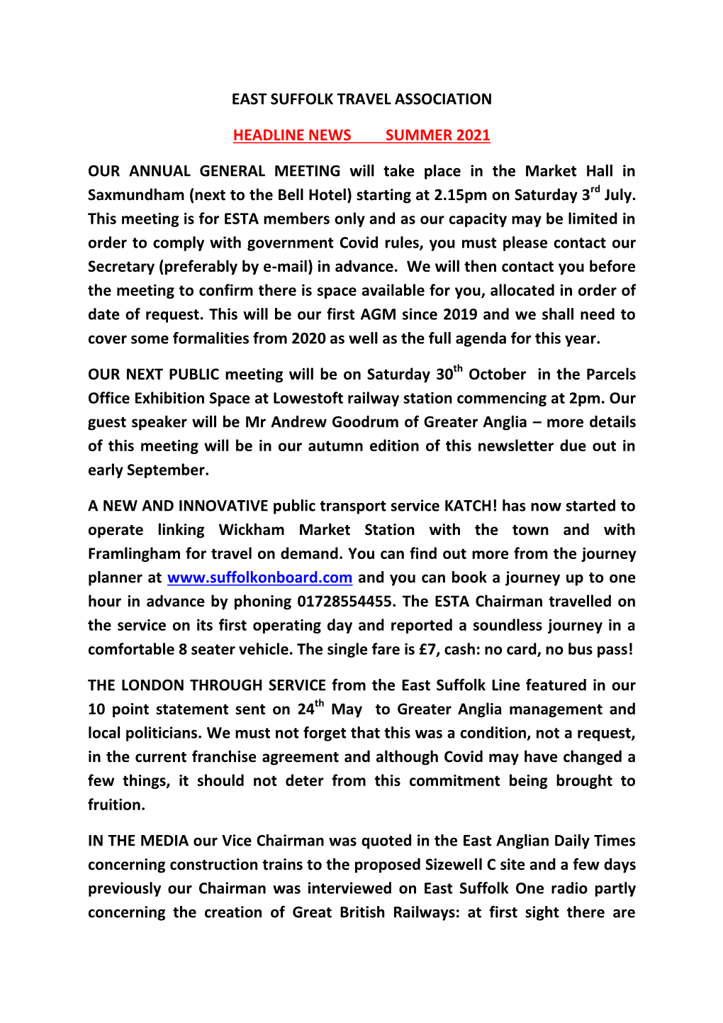 EAST SUFFOLK TRAVEL ASSOCIATION HEADLINE NEWS SUMMER 2021 OUR ANNUAL GENERAL MEETING Will Take Place in the Market Hall in S