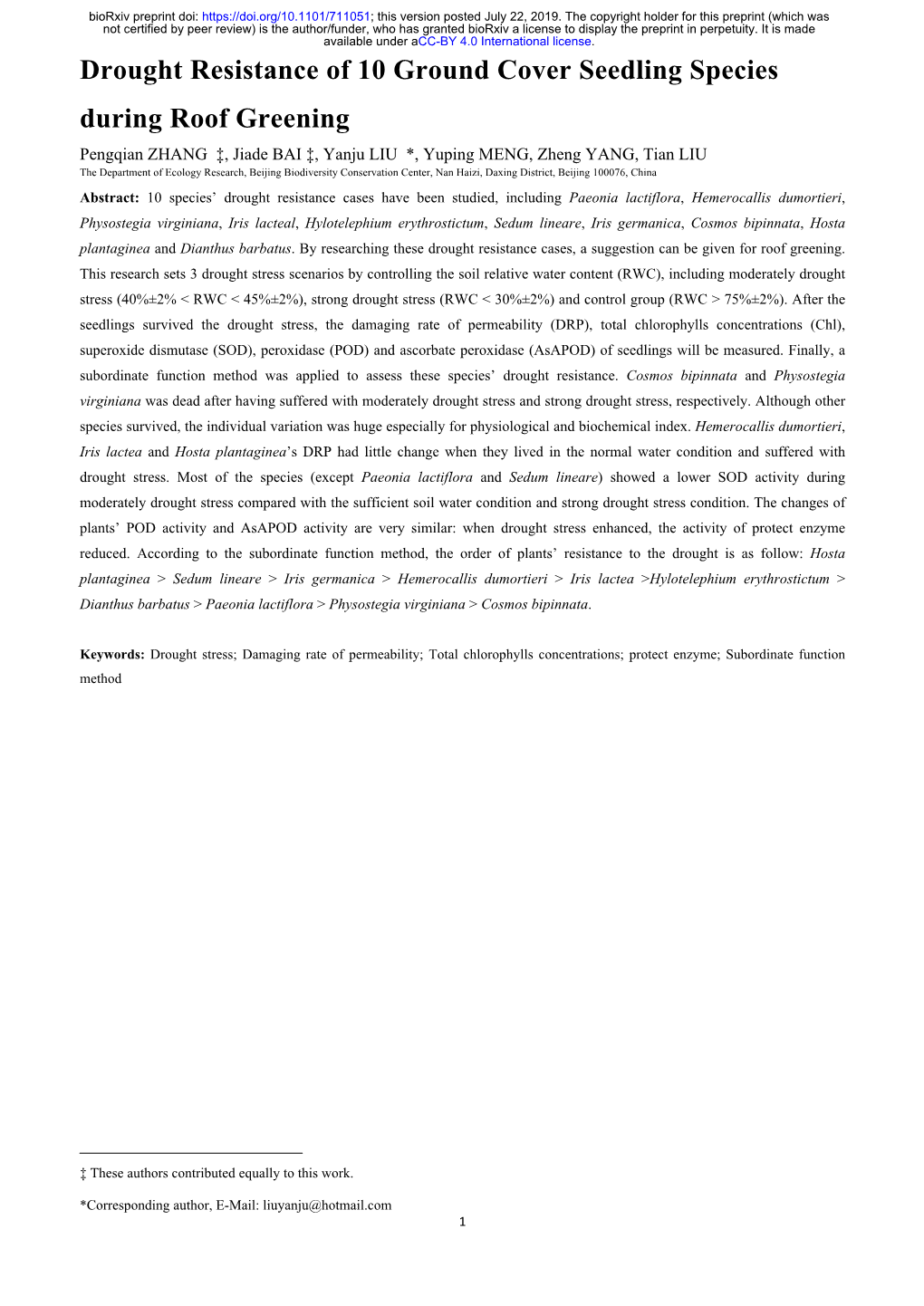 Drought Resistance of 10 Ground Cover Seedling Species During