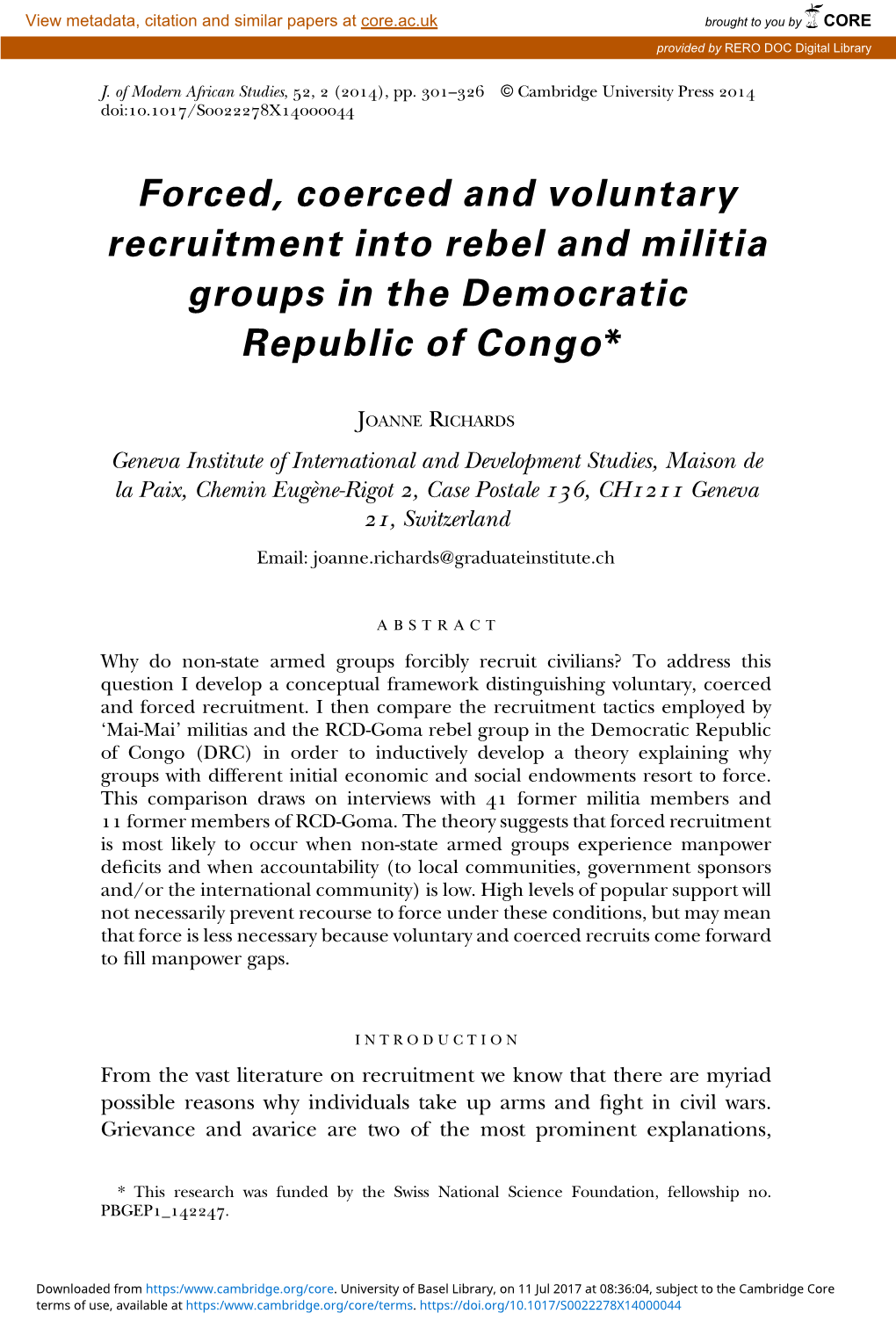 Forced, Coerced and Voluntary Recruitment Into Rebel and Militia Groups in the Democratic Republic of Congo*
