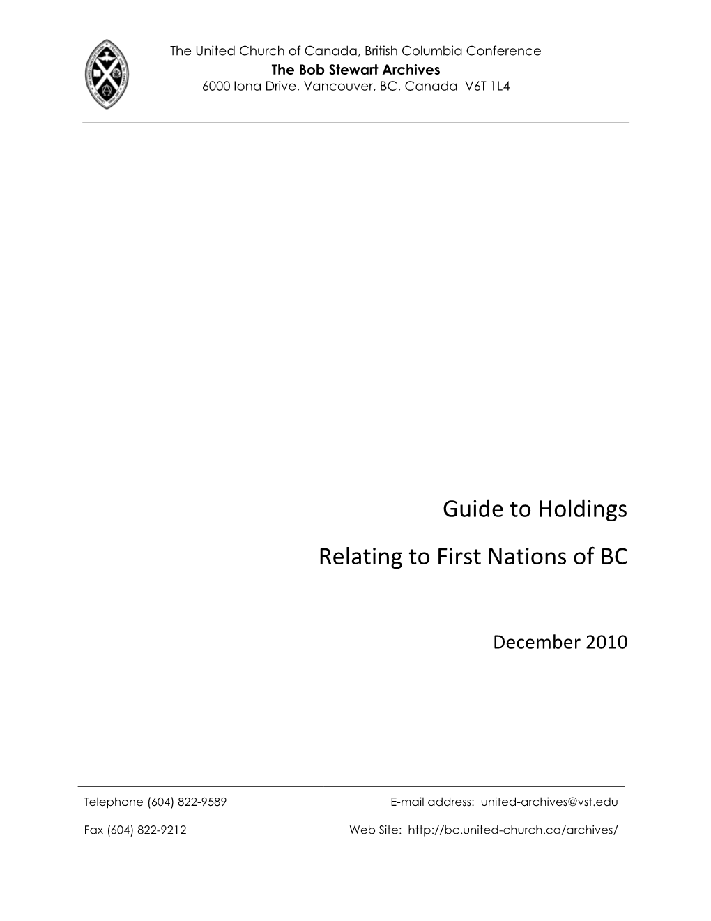 Guide to Holdings Relating to First Nations of BC