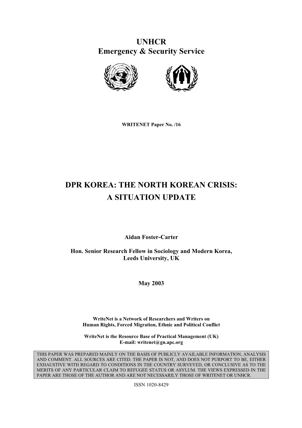 UNHCR Emergency & Security Service DPR KOREA