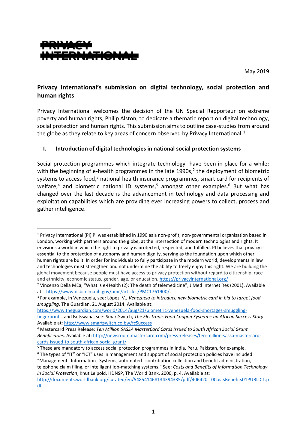 Privacy International’S Submission on Digital Technology, Social Protection and Human Rights