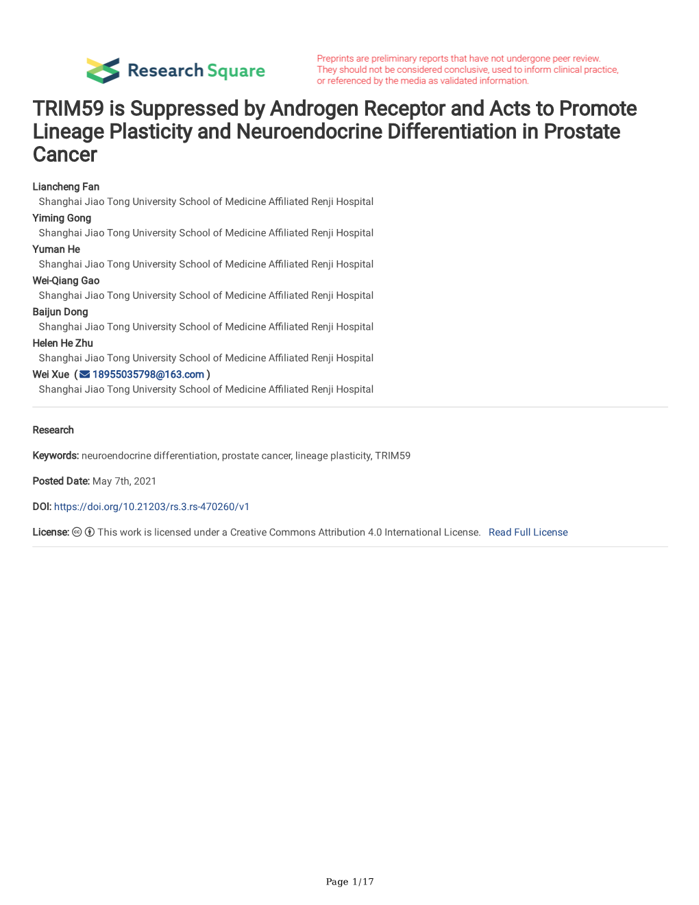 TRIM59 Is Suppressed by Androgen Receptor and Acts to Promote Lineage Plasticity and Neuroendocrine Differentiation in Prostate Cancer