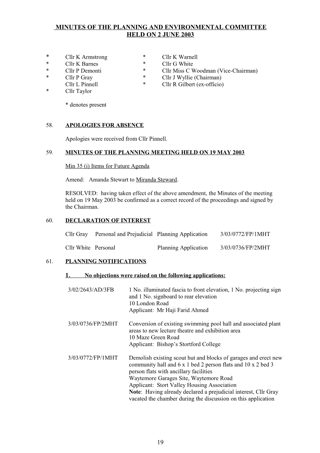 Minutes of the Planning and Environmental Committee Held on 25 November 2002