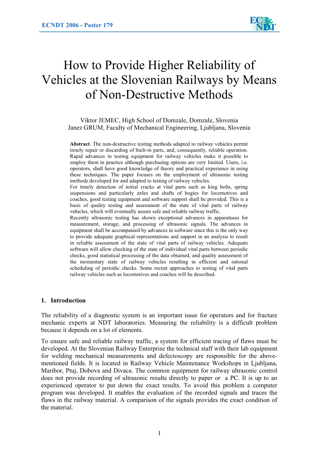 How to Provide Higher Reliability of Vehicles at the Slovenian Railways by Means of Non-Destructive Methods