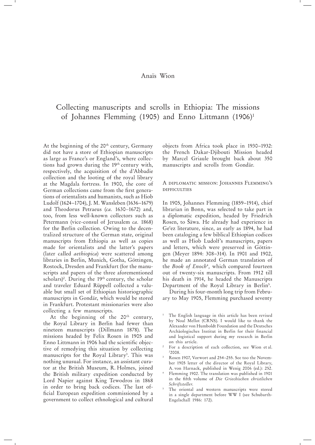 Collecting Manuscripts and Scrolls in Ethiopia: the Missions of Johannes Flemming (1905) and Enno Littmann (1906)1