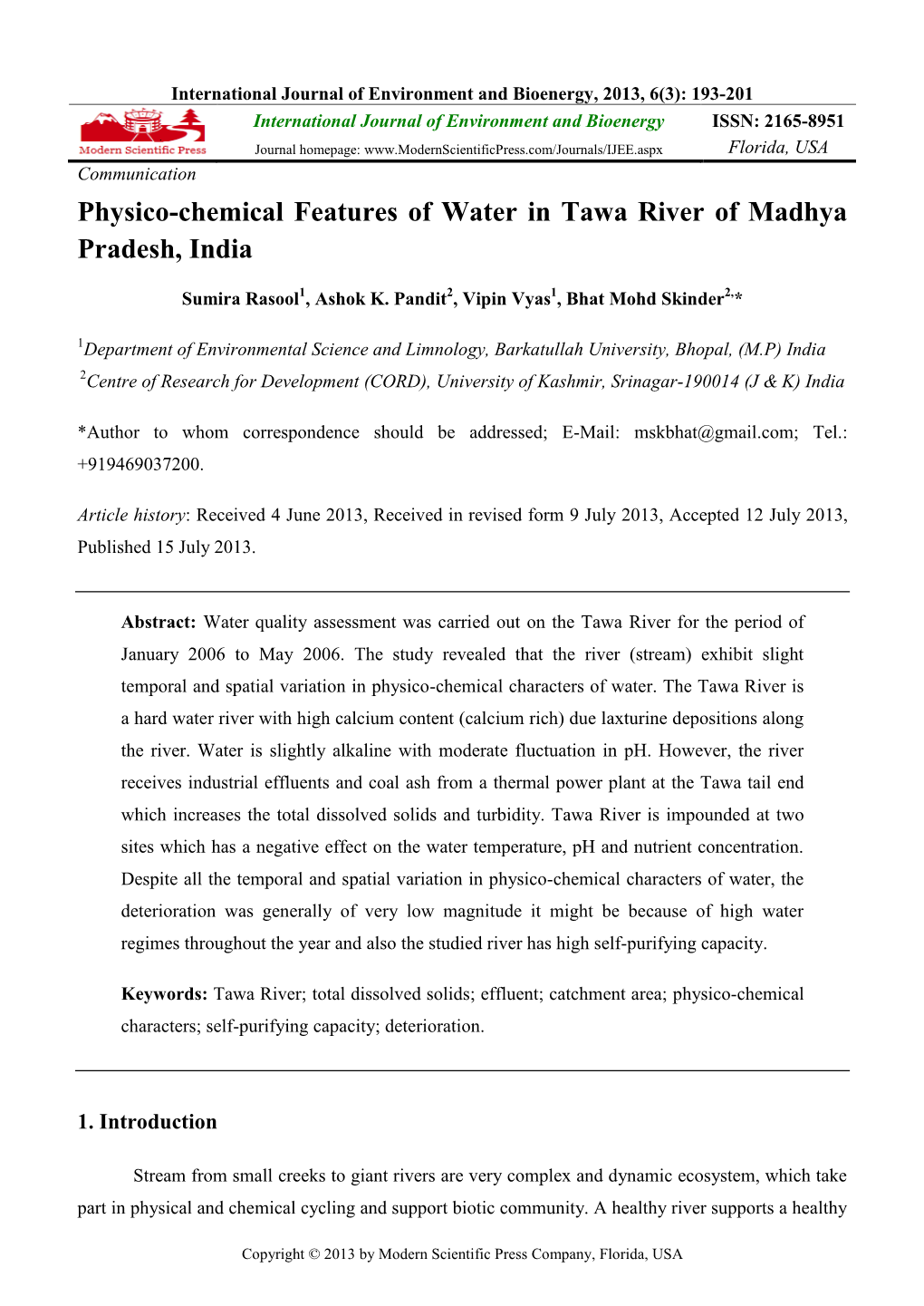 Physico-Chemical Features of Water in Tawa River of Madhya Pradesh, India