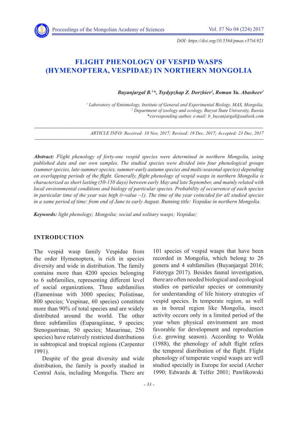 Flight Phenology of Vespid Wasps (Hymenoptera, Vespidae) in Northern Mongolia