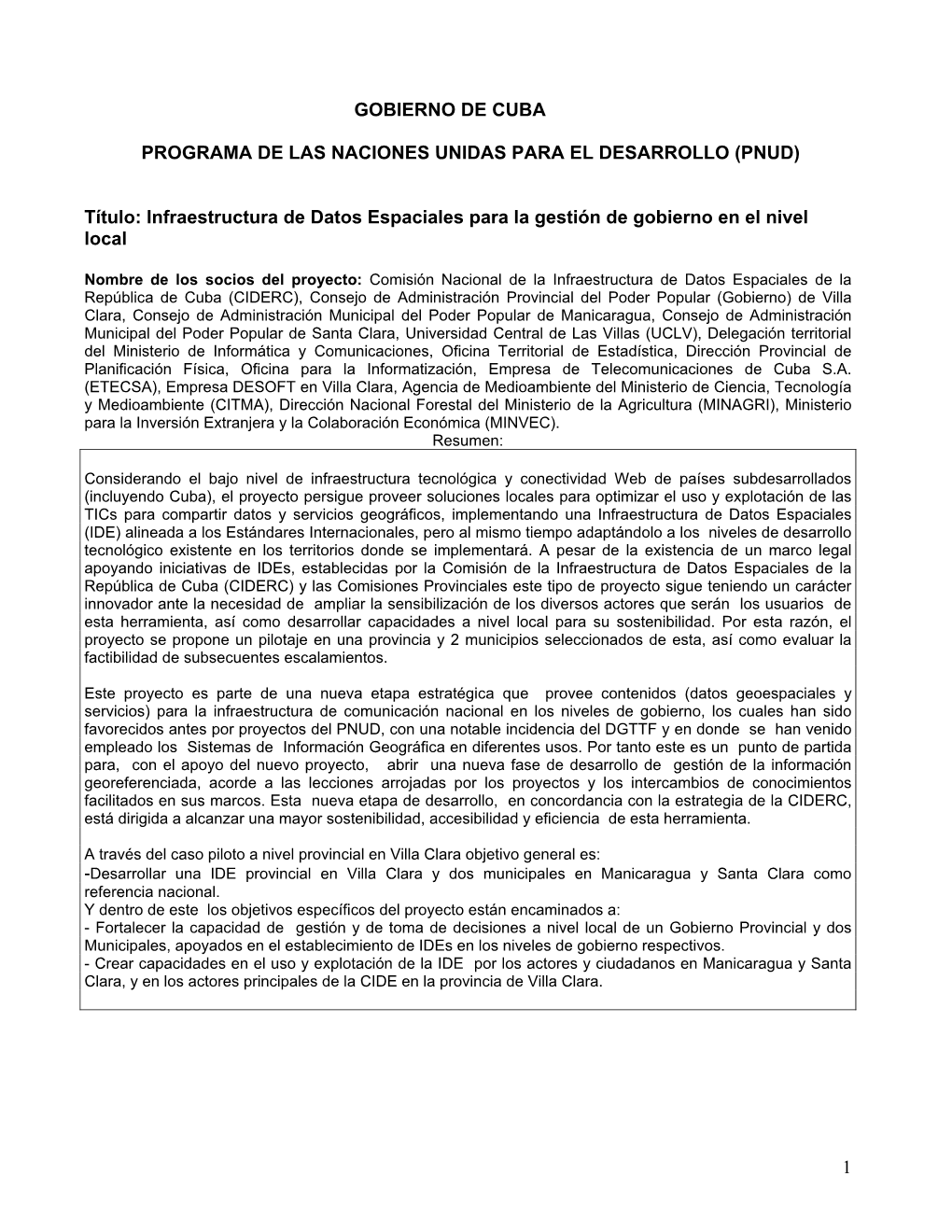 (PNUD) Título: Infraestructura De Datos Espaciales Para L