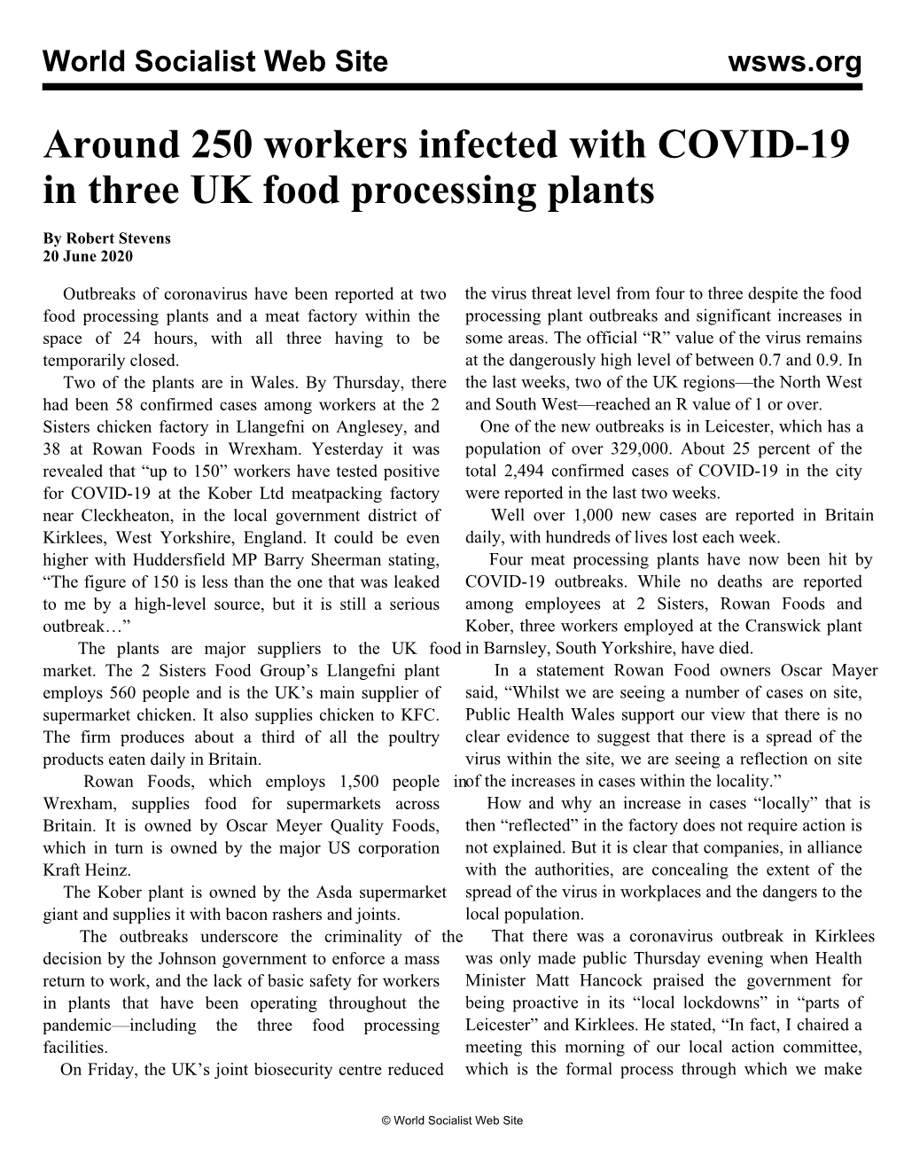 Around 250 Workers Infected with COVID-19 in Three UK Food Processing Plants