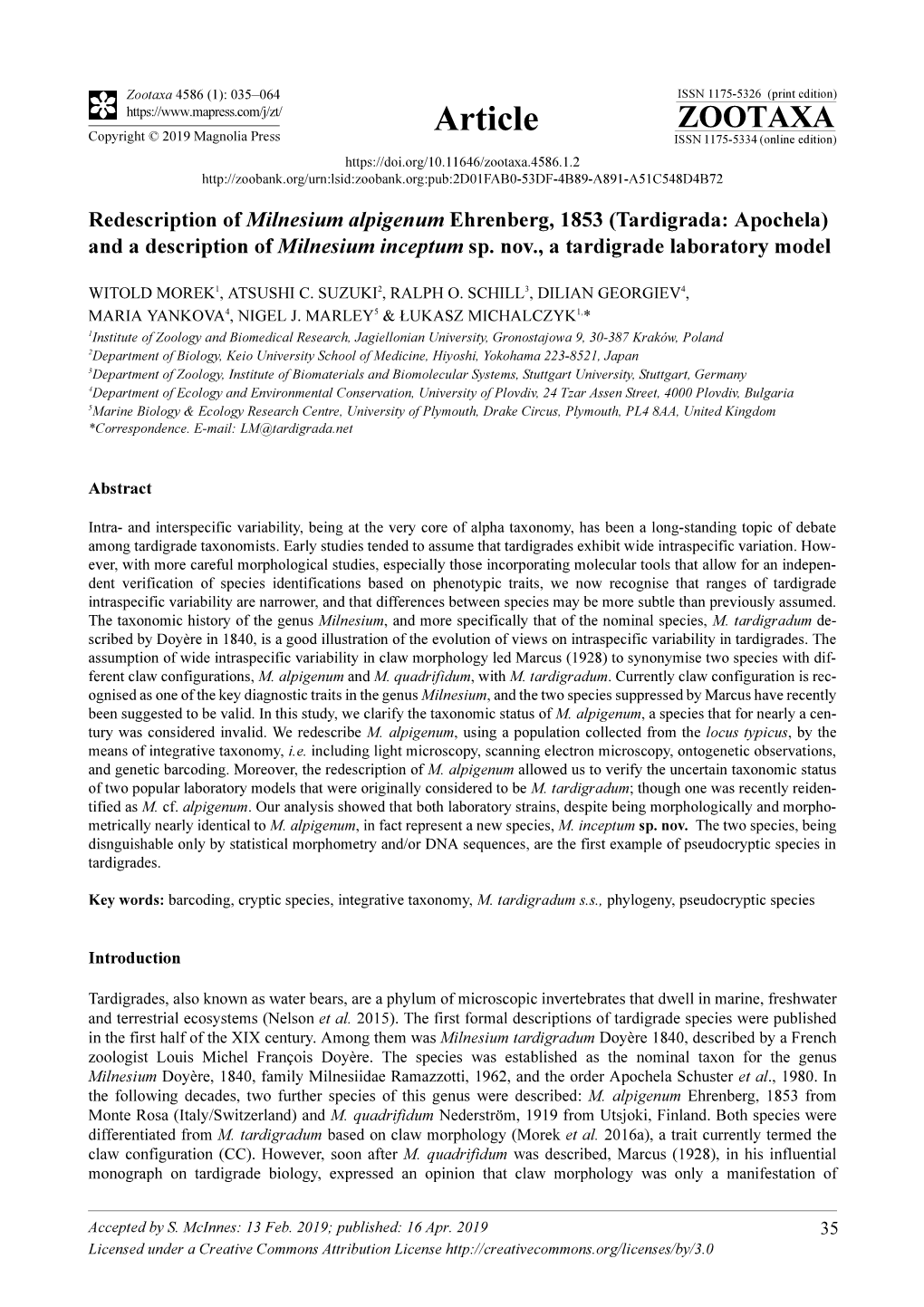 Redescription of Milnesium Alpigenum Ehrenberg, 1853 (Tardigrada: Apochela) and a Description of Milnesium Inceptum Sp