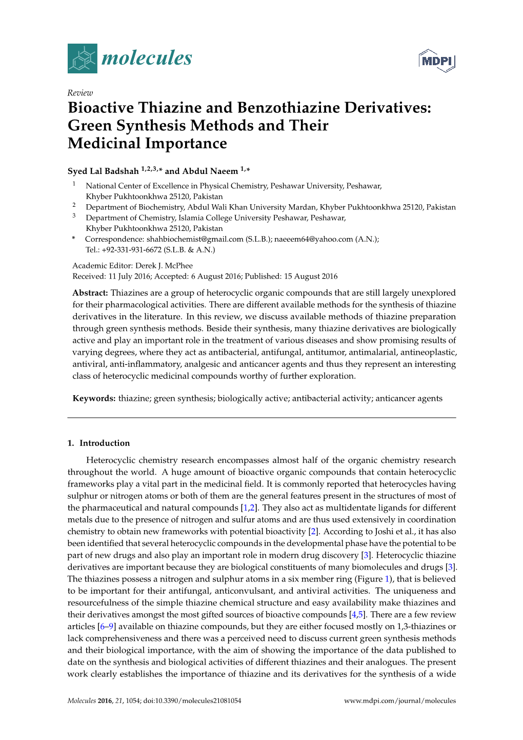 Bioactive Thiazine and Benzothiazine Derivatives: Green Synthesis Methods and Their Medicinal Importance