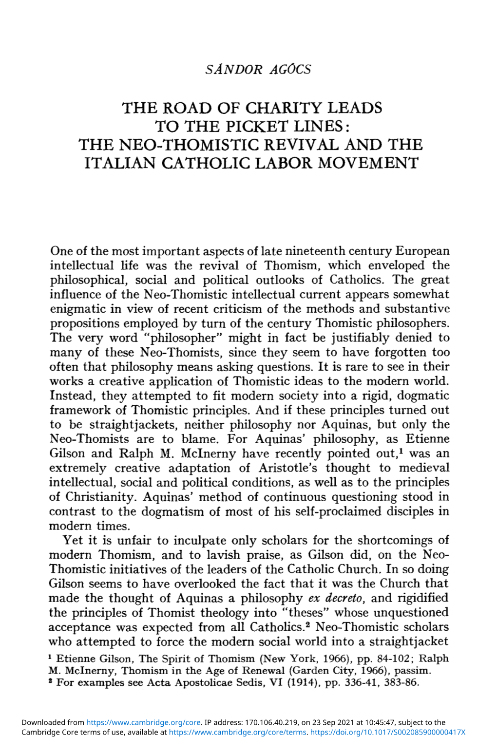 The Neo-Thomistic Revival and the Italian Catholic Labor Movement