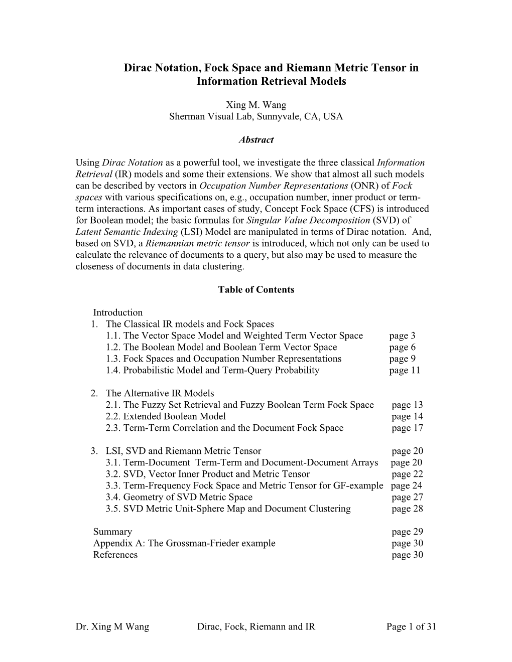 Dirac Notation, Fock Space and Riemann Metric Tensor in Information Retrieval Models