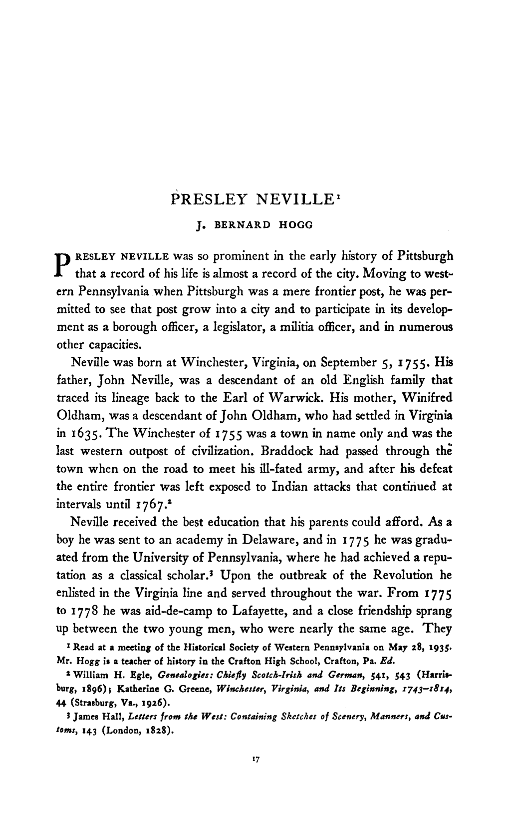Presley Neville Was So Prominent in the Early History of Pittsburgh
