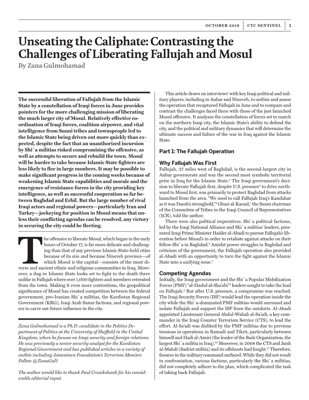 Unseating the Caliphate: Contrasting the Challenges of Liberating Fallujah and Mosul by Zana Gulmohamad