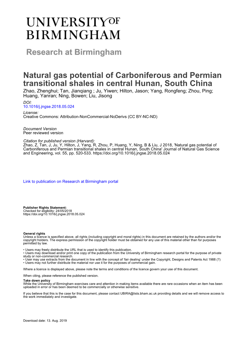 Natural Gas Potential of Carboniferous and Permian Transitional Shales in Central Hunan, South China