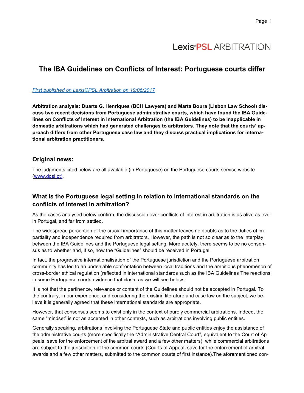 The IBA Guidelines on Conflicts of Interest: Portuguese Courts Differ